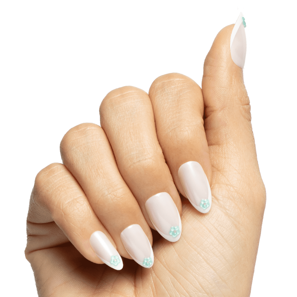 Olive & June + Bubble Instant Mani Medium Almond Press-on Nails, Puffy Flower Chrome French, 42 Pieces