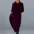 thumbnail image 3 of comerut Women Dress Round Neck Loose Solid Color Long Sleeve Soft Pullover Warm Mid-calf Length Lady Casual Midi Dress, 3 of 8