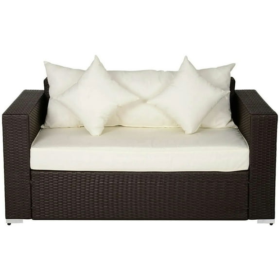 Topcobe All-Weather PE Rattan Wicker Loveseat Couch, Outdoor Cushioned Bench with 2 Decorative Pillows & Plush Seats, Perfect for Patio or Garden, Cream White