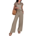 thumbnail image 3 of Jaimenalin Women Two Piece Outfits Crochet Sheer Knit Sweater Top Wide Leg Pants Lounge Matching Sets Khaki L, 3 of 9
