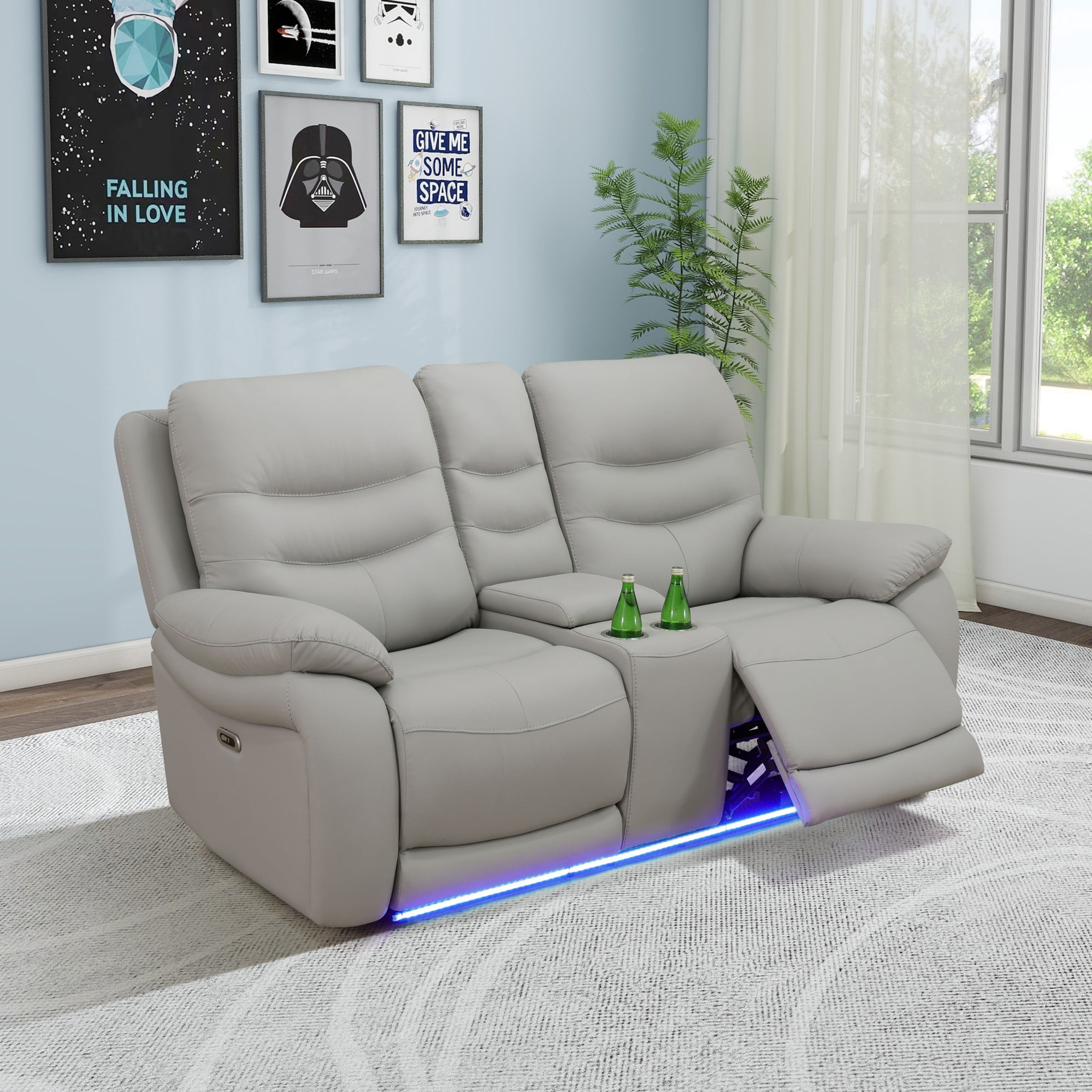 Gewnee Power Recliner Loveseat, LED Ambient Lights, Built in USB & Type‑C Ports, Adjustable Positions, Hidden Storage, Home Theater Seating with Cup Holders, Air Leather‑Light Gray