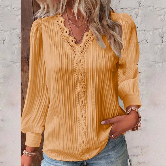 Harpily Long Sleeve Shirts for Women V Neck with Eyelet Lace Trim Decoration Blouses for Women Casual Fall Outfits