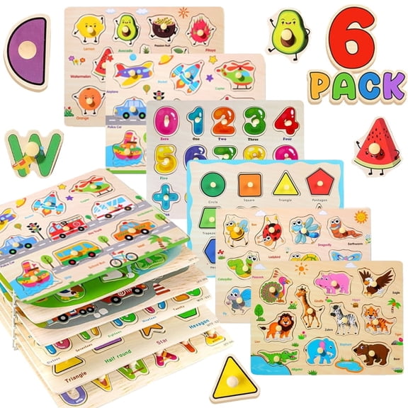 6-Piece Wooden Peg Jigsaw Puzzle for Toddlers Alphabet Numbers Animals Fruits Transportation Jigsaw Puzzle Board Children's Educational Learning Toys for Kids Babies Boys Girls