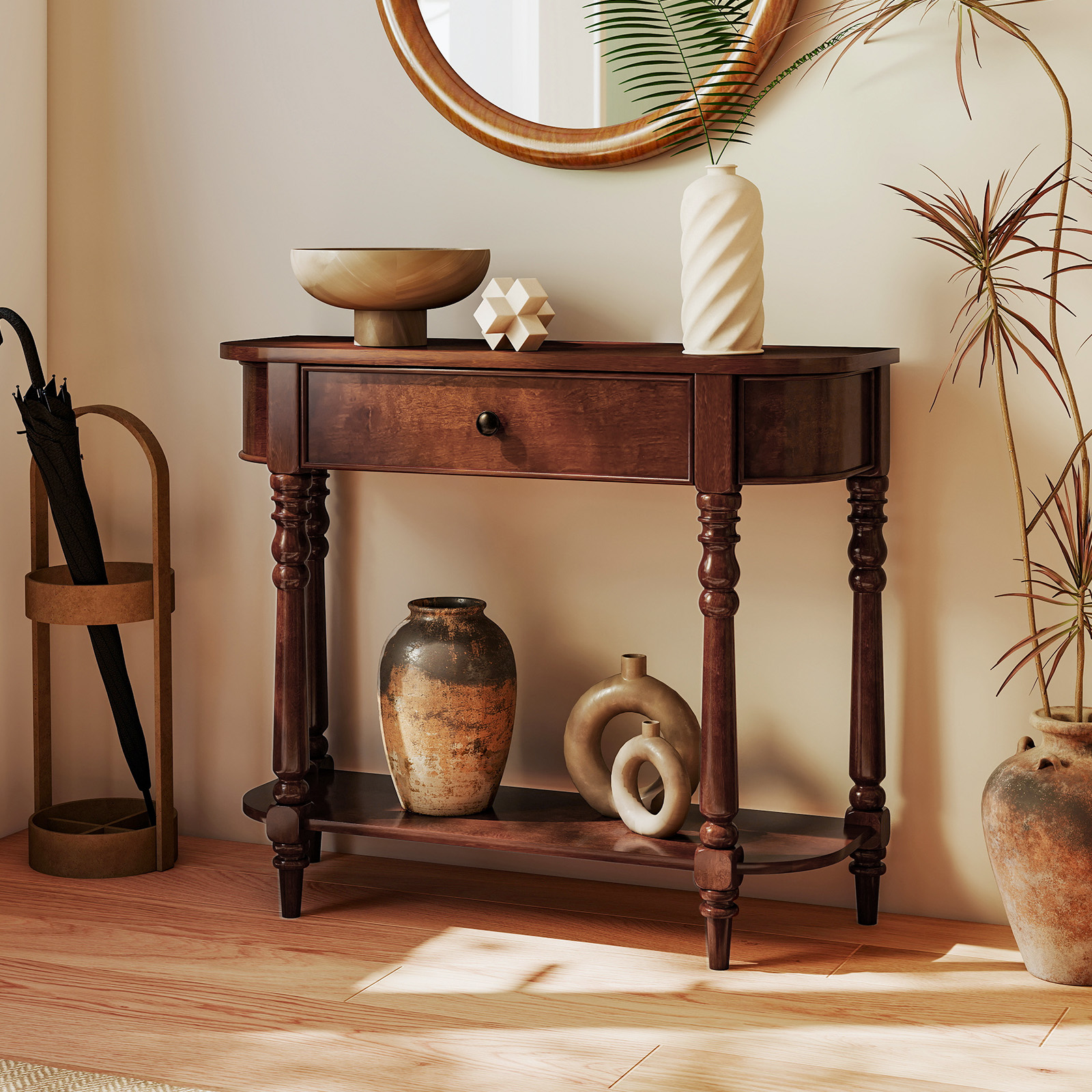 Gymax Retro Console Table 36''L Wooden Entryway Table w/ Storage Drawer & Open Shelf Brown