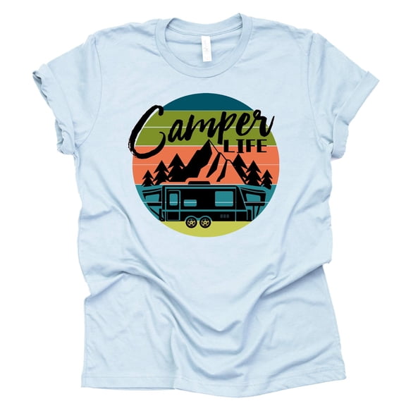 Camper Life Shirt, Camping RV Shirt, Women Summer Graphic Tees Tops Funny Gift for Christmas Unisex Short Sleeve (Light Blue, Large)