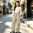 thumbnail image 5 of TIREOW Girls Cargo Sweatpants Elastic Waist Wide Leg Cargo Sweat Pants Baggy Casual Lightweight Cargo Trousers with Multi-Pockets, 5 of 6