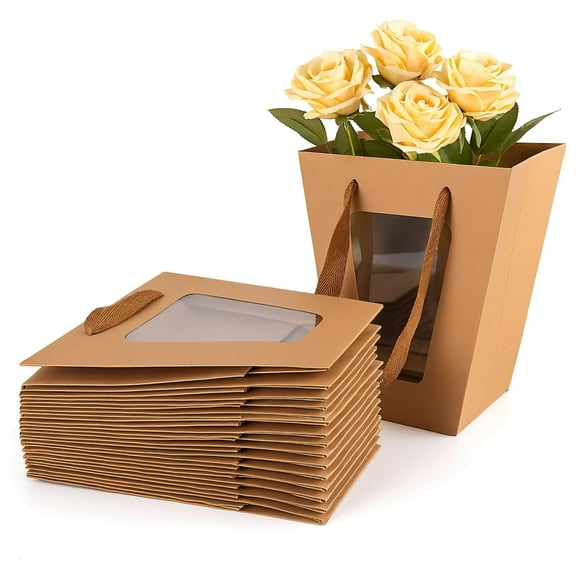 20 Pcs Kraft Paper Flower Bags with Clear Window - Bouquet Packaging Gift Bags | Reusable Brown Gift Bags with Handles for Weddings, Birthday Parties, Florist Shop Favors