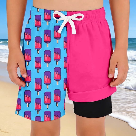 MEZZALL Children Boys Swim Trunks With Compression Liner Swimming Bottoms Ice Cream Printed Casual Bathing For Kids Swim Shorts Cozy Swimwear
