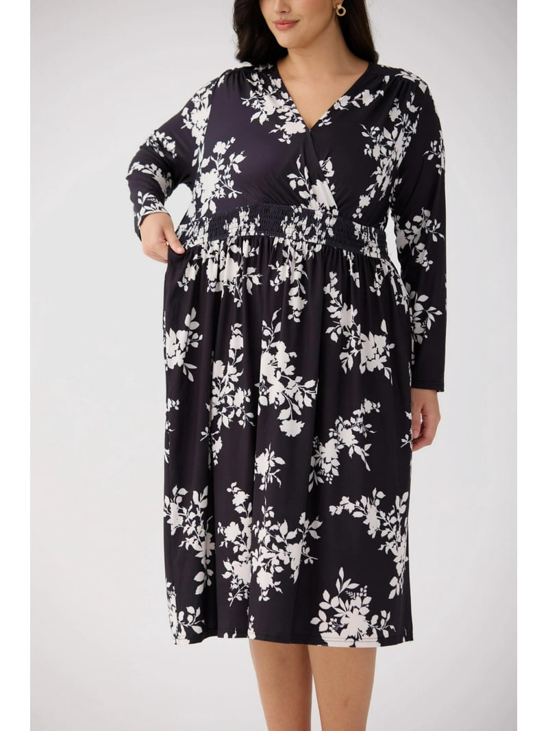 Tiyomi Plus Size Dress for Curvy Women 3x Long Sleeve Fall Black Floral Maxi Dress V Neck Adjustable Drawstring Dresses Church Wedding Guest Flowy