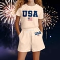 thumbnail image 2 of Toddler Girl Outfits Kids Stars and Stripes Print USA 250th Anniversary Crew Neck Short Sleeve Top and Above Knee Shorts Two Piece Set Beige 2 Years-3 Years, 2 of 4