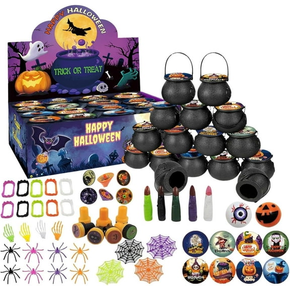 Autpvcol 252 Pcs Halloween Party Favors for Kids–32 Pack Prefilled Cauldrons with Bulk Toys, Trick or Treat Alternatives for Boys and Girls, Halloween Goodie Bag Fillers