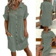 thumbnail image 2 of Huhudde Elegant Button Front Cotton Short Sleeve Shirt Dress Women Loose Fit V Neck Casual Blouse Dress Beachwear with Pockets, 2 of 17