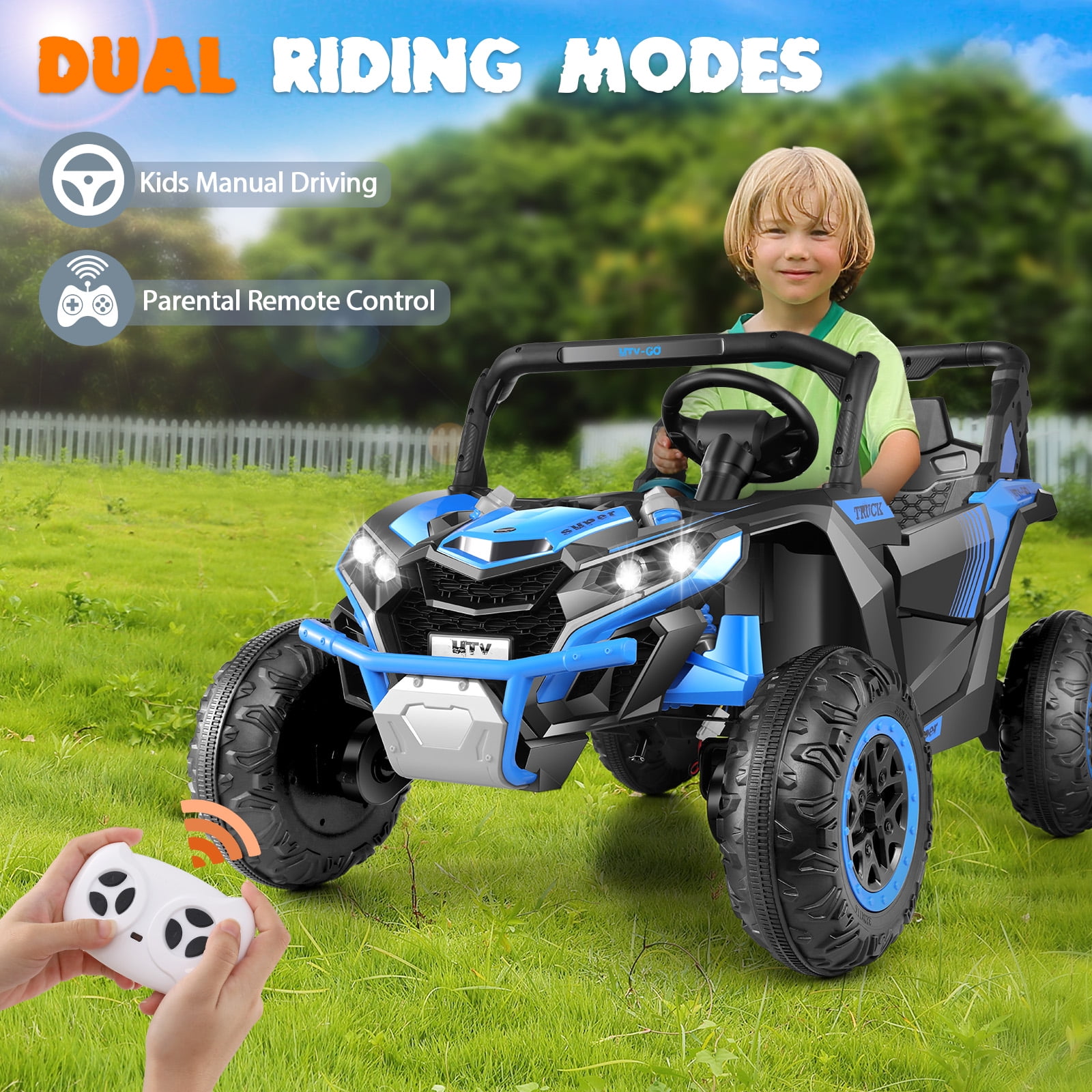 Funcid 24V Ride on Car for Kids, 2WD/4WD Switchable Ride on Car with Remote Control, 2 Seater Ride on Toys, UTV, Bluetooth, Music, LED Lights, Storage Space