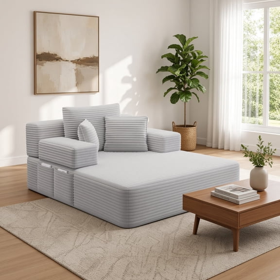 Oversized Plush Corduroy Chaise Lounge Sofa Bed, Convertible Sleeper Couch Bed w/ Storage Pockets, 3 Soft Pillows, Multi-Functional Frameless Sofa Couch for Apartment, Guest Room, Light Gray