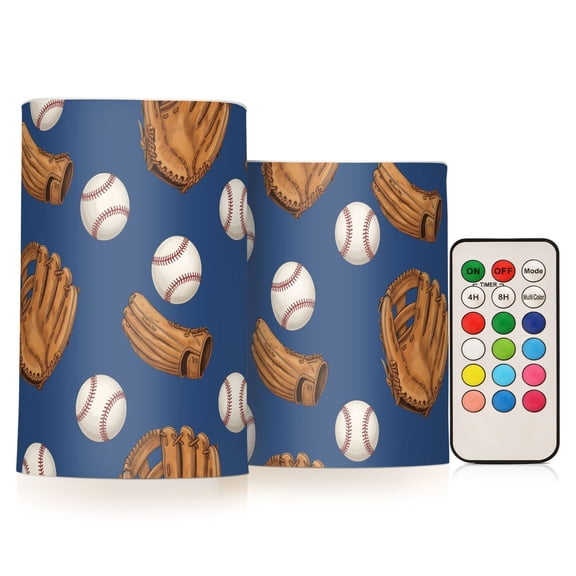 Baseball Blue Flameless Candles Flickering with Remote and Timer Battery Operated LED Pillar Candle Set of 2