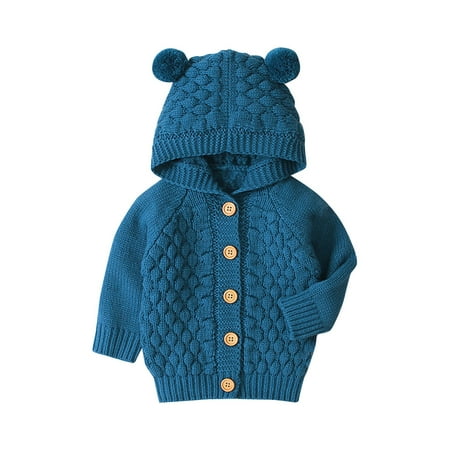 

EHTMSAK Infant Baby Boy Girl s Ears Long Sleeve Coat Toddler Child Hooded Button Up Outerwear Fall Winter Knitted Jacket Blue 3M-2Y 90