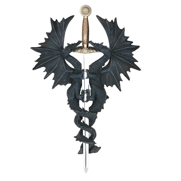 FC Design 14.5"H 2 Black Dragon with Sword Wall Plaque Decor Statue Sculpture Ornament Decoration Home/Room Decor and Unique Gift Ideas for Housewarming, Holidays and Birthdays