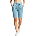 thumbnail image 2 of CQONEPT Women's Bermuda Sweat Shorts High Waisted Knee Length Shorts with 3 Pockets Drawstring Casual Athletic Shorts Light Blue L, 2 of 5