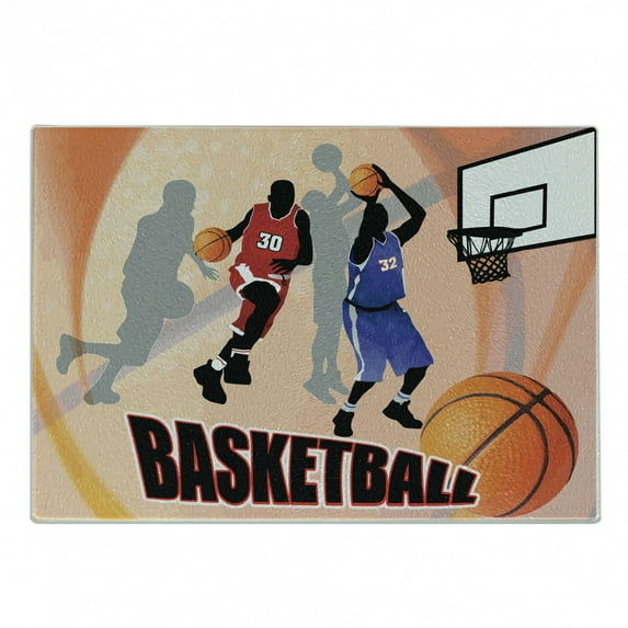 Basketball Cutting Board, Basketball Action Players on Abstract Background Classical Poster Style Print, Decorative Tempered Glass Cutting and Serving Board, Small Size, Orange Black, by Ambesonne