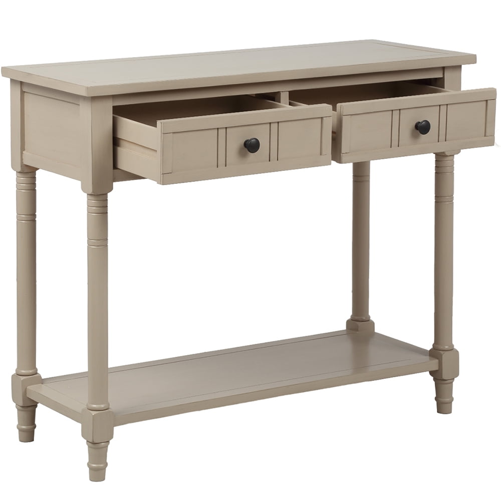 Kepooman Acacia Console Table with Bottom Shelf and 2 Drawers, Traditional Sofa Side Table for Living Room Bedroom, Retro Grey Kepooman Acacia Console Table with Bottom Shelf and 2 Drawers, Traditional Sofa Side Table for Living Room Bedroom, Retro Grey