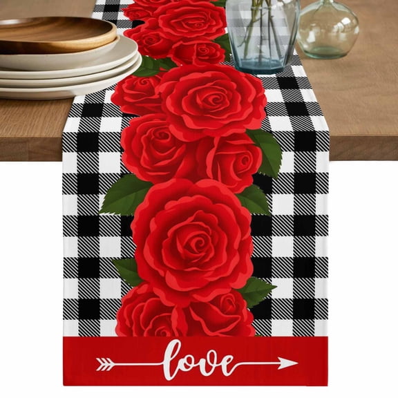 Valentine's Day Table Runner 72 Inches, Red Rose Flowers Buffalo Plaid Romantic Bed Runner Dresser Scarves Tabletop for Indoor Outdoor Parties/Ceremony/Banquet, 13" x 72"