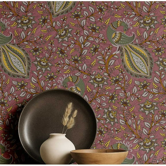 S4Sassy Paisley Peacock Floral Wallpaper - Brown Wall Covering, 25" X 120" Self-Adhesive Plain Vinyl Wallpaper, Wallwrap, Easy Diy Wall Covering For Farmhouse Bedroom, Living Room, Cabinets