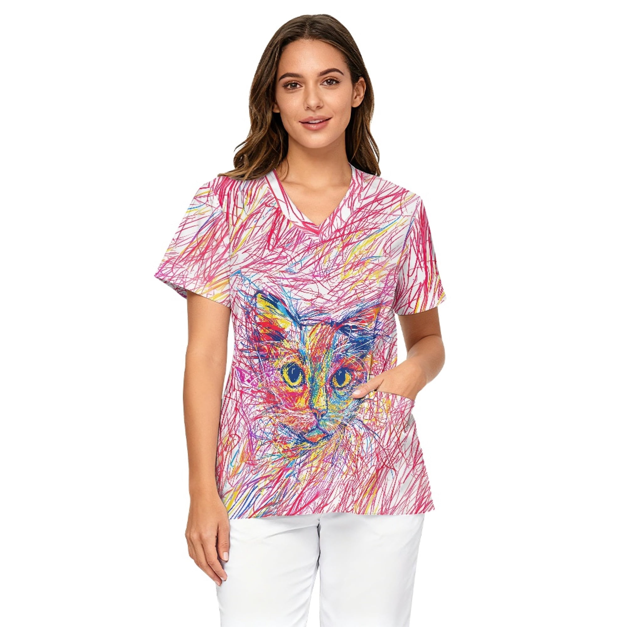 Chririnla Womens Scrubs Tops, V-Neck Breathable Scrub Tops Women Abstract Art Cat Print, 2 Pocket Stretch Fabric Scrubs for Women, Medical Nurse Shirt
