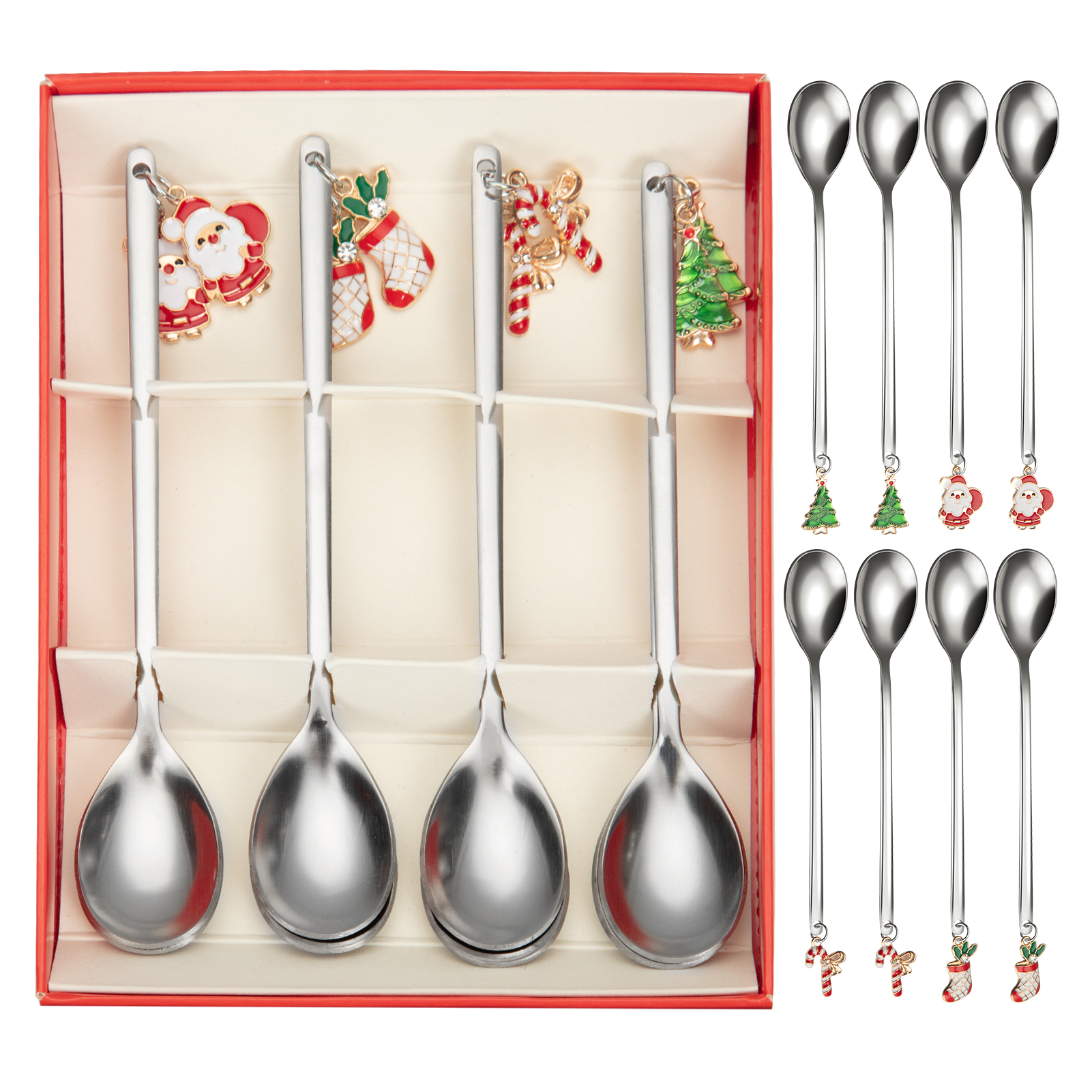 4x Long Christmas Metal Spoons Set Xmas Party Cutlery Stainless Steel  Dessert Spoons Sugar Spoons for Latte Ice Cream Macchiato - AliExpress