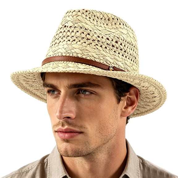 Adult Hollow Knitted Western Straw Hat Rolled Edge Brim Vintage Leather Band Spring Summer Vacation Sun Protection Cap