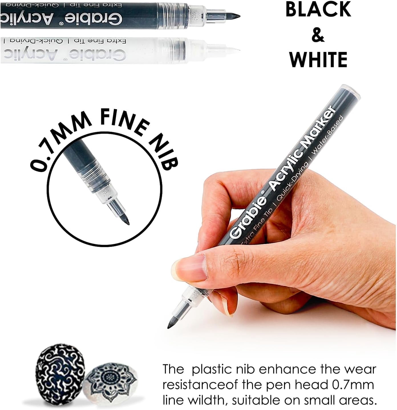 Black & White Extra Fine Tip Acrylic Paint Marker Set, 6 Pack, 0.7mm Acrylic Paint Pens for Highlights and Fine Details on Drawings, Rock Painting Glass Canvas Wood, White Highlight Markers