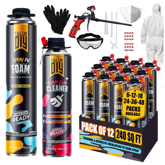 Y’allCanDIY Spray Foam Insulation Kit 12 Pack (32.8 oz Each), 240 Sq Ft Coverage for Home Insulation, Walls, Garages, Attics, Gaps & Cracks, with Foam Gun & Accessories