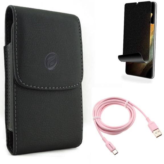 6ft USB-C Cable & Case Belt Clip & Privacy Screen Protector for Samsung Galaxy S21 Ultra Phone - Pink Charger Cord & Leather Holster & TPU Film Fingerprint Works Accessory Bundle