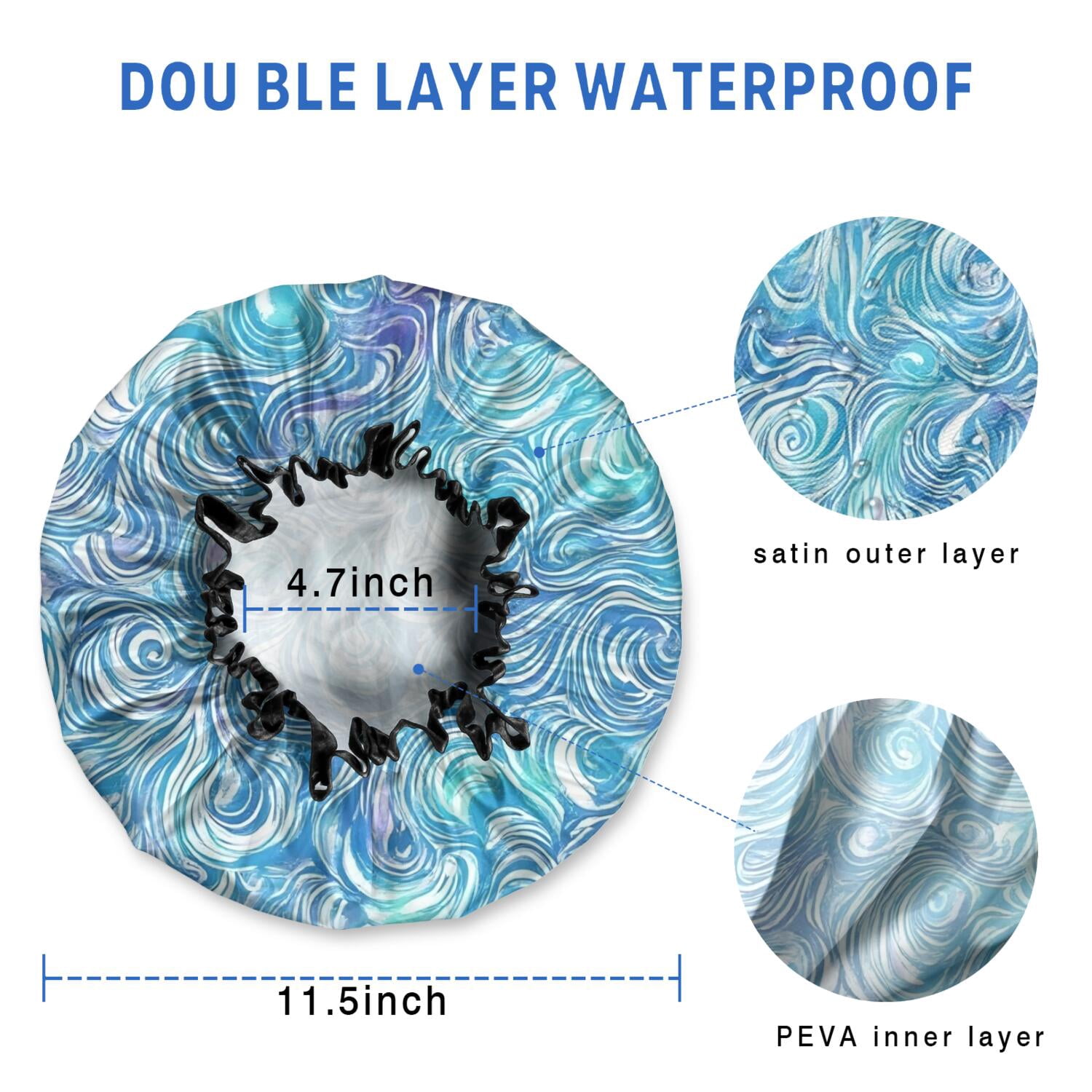 Shower Caps,Blue White Tie Dye Wave Pattern Waterproof Shower Cap for Women 4 Pieces,Double Reusable Hair Cover for Shower PEVA Elastic Stretch Hem