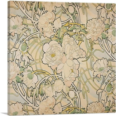ARTCANVAS Peonies 1897 Canvas Art Print by Alphonse Mucha - Size: 18" x 18" (0.75" Deep)