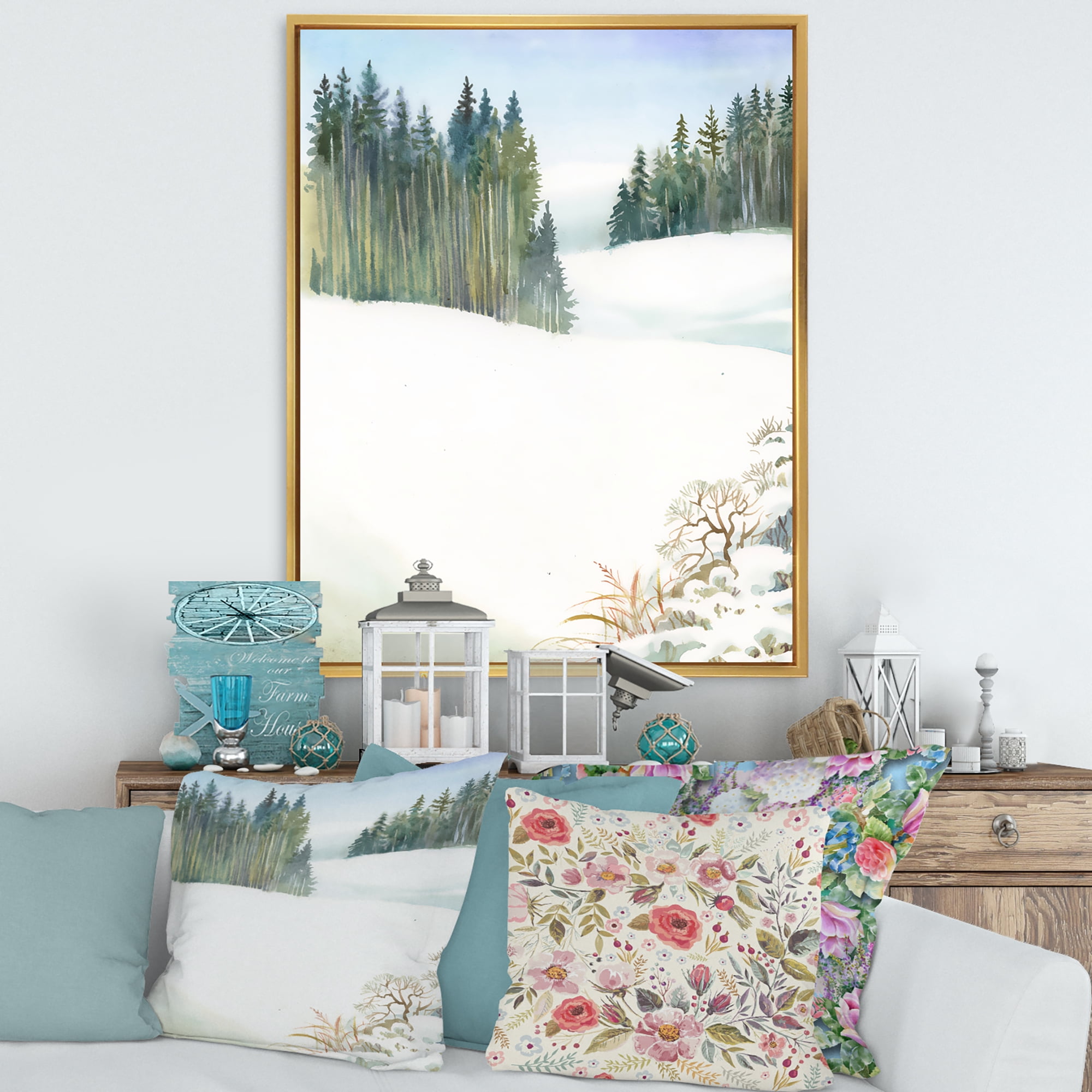 Designart 'Pine Forest In Snowy Winter Mountains' Traditional Framed Canvas Wall Art Print