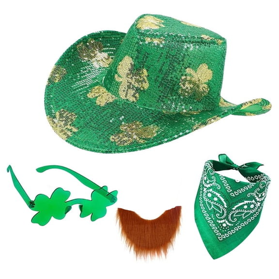 AOOOWER Pack of 3 Elegant Patrick's Day LED Cowboy Hats Flashing Green Clovers Sequins Irish Hats for Men and Women