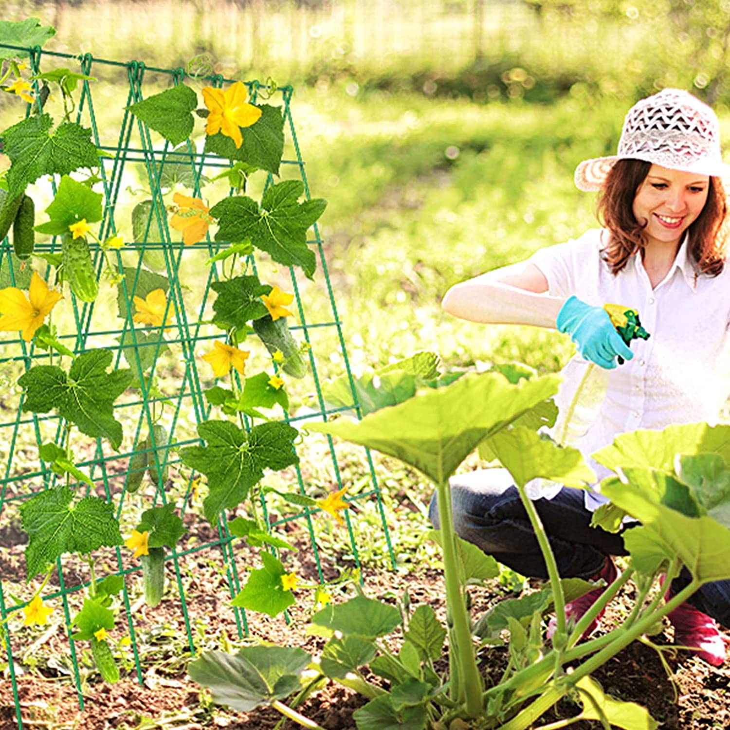 Cucumber Trellis, 2 Pack Foldable A Frame Trellis for Raised Bed Climbing Plants, Vegetables, Includes Plant Support Clips, Twist Ties, Plastic Ties- Made from PVC-Coated Steel