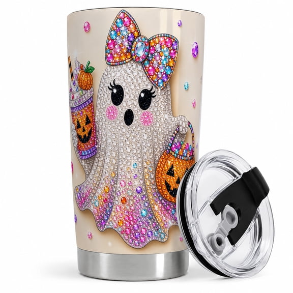 Sparkle Bow Ghost Tumbler, 20oz Insulated Drinkware for Halloween Fans Stainless steel insulated tumbler with lid, sparkle ghost artwork for water, iced coffee, tea, or commute