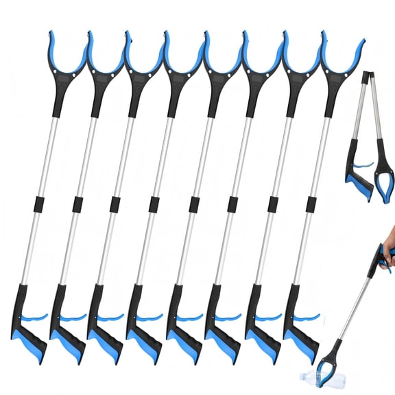 Grabber Tool 8 Pack 32 Inch Reacher Grabber Trash Picker Heavy Duty Outdoor Litter Picker Tool Aluminum Alloy Grabbers for Seniors Cleaning Pickup Stick Blue