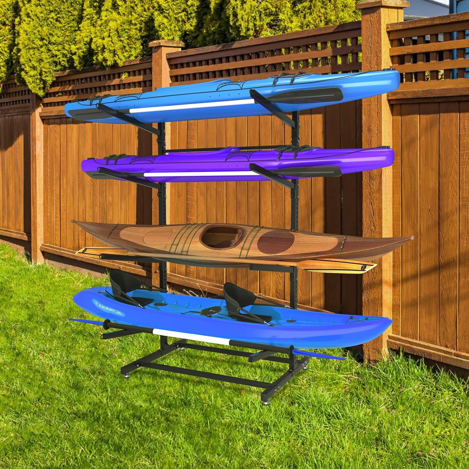 Selooye Kayak Storage Rack, Freestanding Heavy Duty Adjustable Kayak Stand Indoor Outdoor Storage Rack Garage, with Wheels and Foot Pad, for Kayaks, SUPs, Canoes, Surfboard