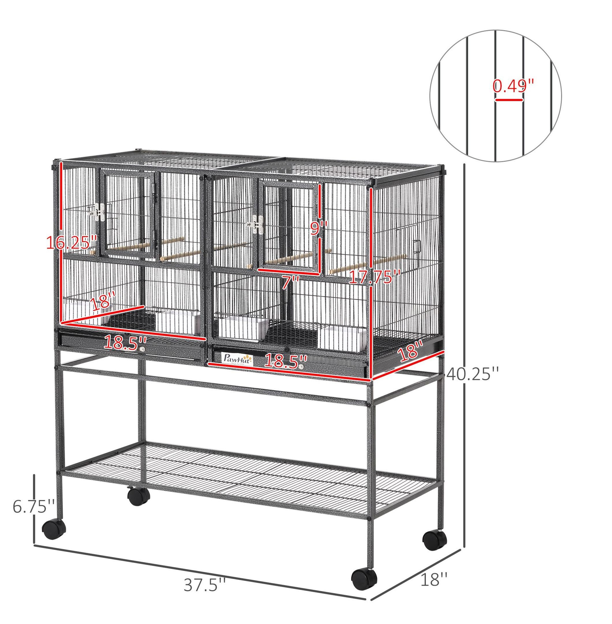 Large Bird Cage Double Rolling Metal 40.25" H w/Storage Shelf & Perches - Black/Gray