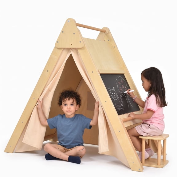 Avenlur Oak Foldable Triangle Climber 4 in 1 Kids Playhouse Hideaway Montessori Learning Play Tent, Desk, Chair Stool, Art Easel, Chalkboard, Teepee Climbing, Crawling Tunnel Toy Toddler Playset