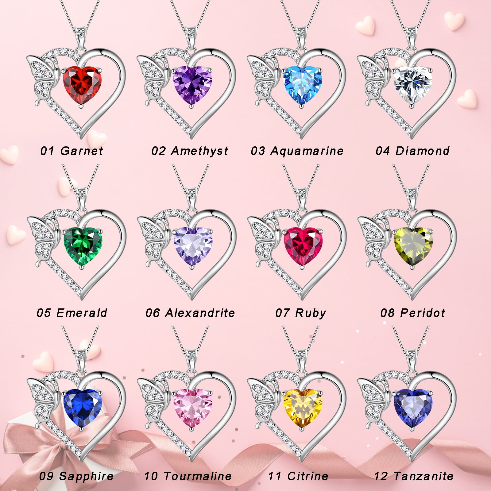 White Heart Necklace Butterfly April Birthstone Necklace Diamond Crystal 925 Sterling Silver Pendant Jewelry Women Birthday Valentine's Day Gift