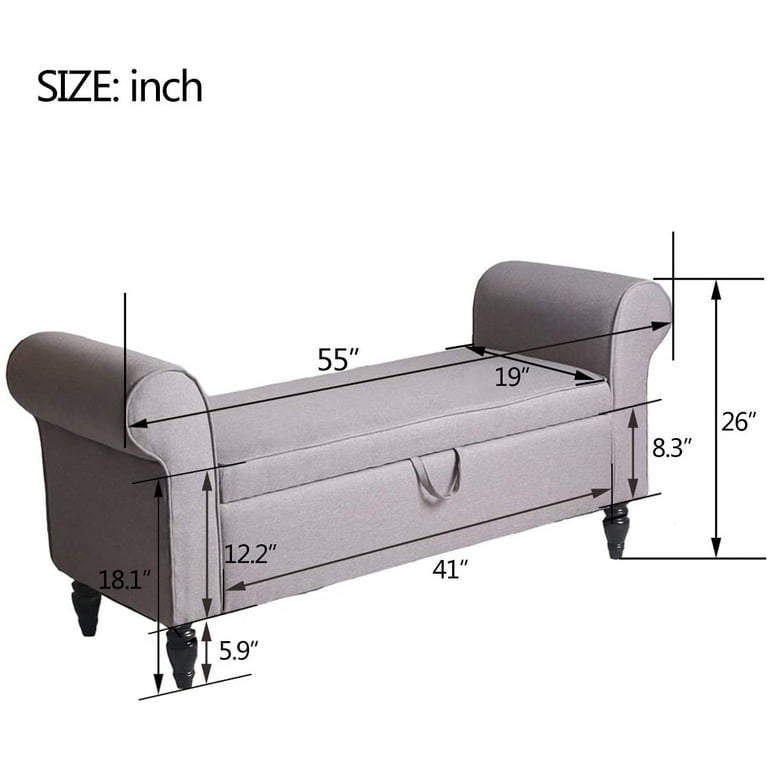 Andeworld Storage Bench with Arms Upholstered Bench Settee for Bedroom Living Room Gray