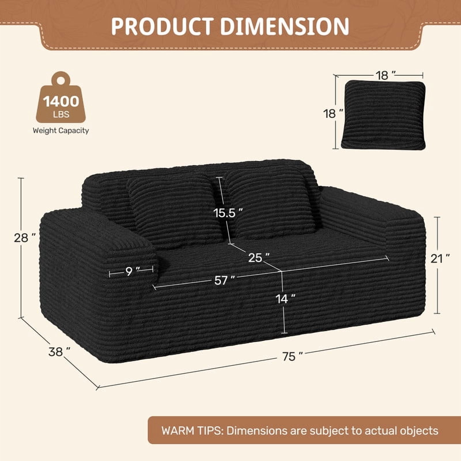 Hawsaiy 75" Wide Wale Corduroy Loveseat Sofa with Wide Armrests & Removable Pillows, No Assembly Foam Couch, Vacuum Packed, High-Density Support, Black