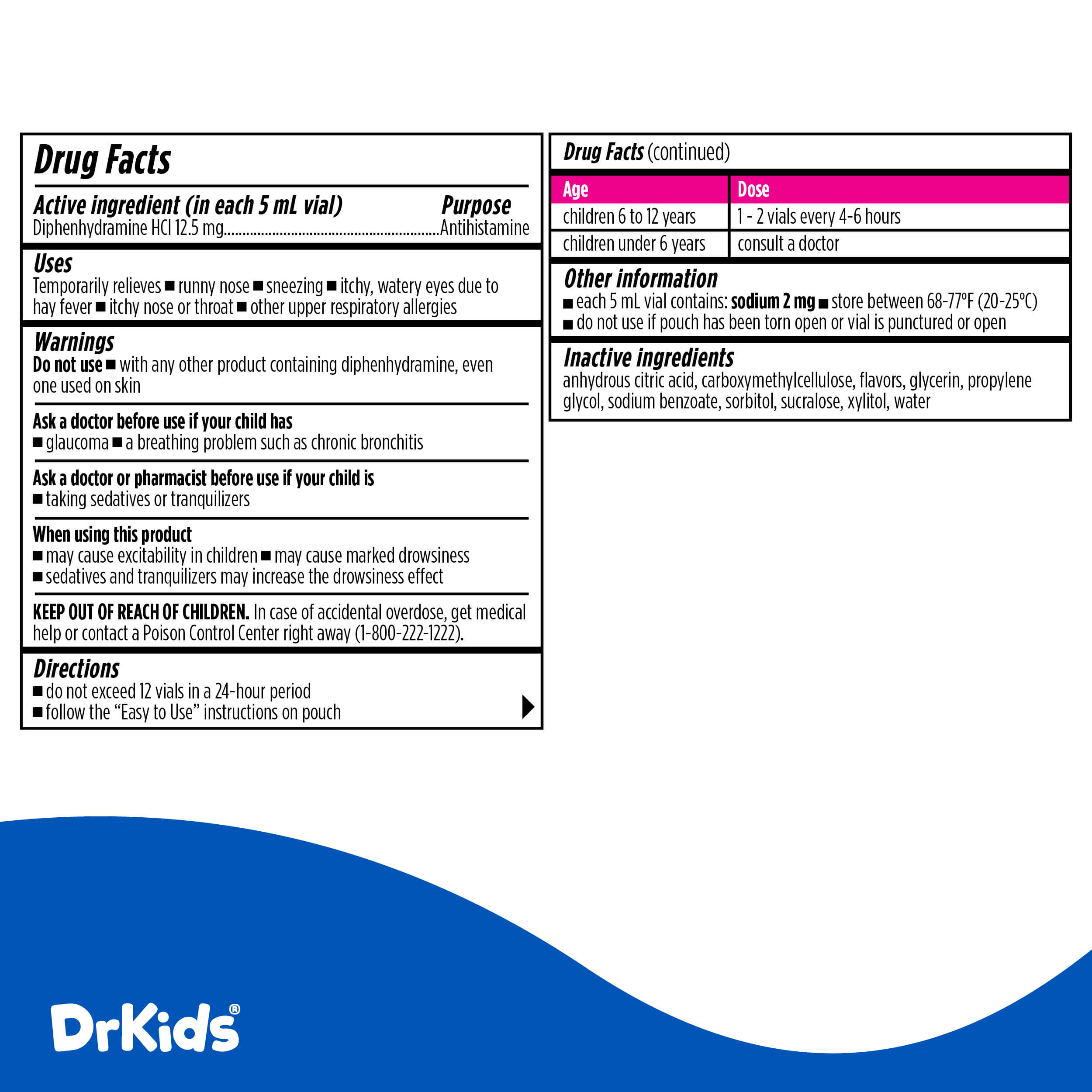 DrKids Children's Allergy Relief Medicine with Diphenhydramine - Pre-Measured Single-Use Vials - Antihistamine for Sneezing, Runny Nose & Itchy Eyes, Mixed Berry Flavor, 30 Vials
