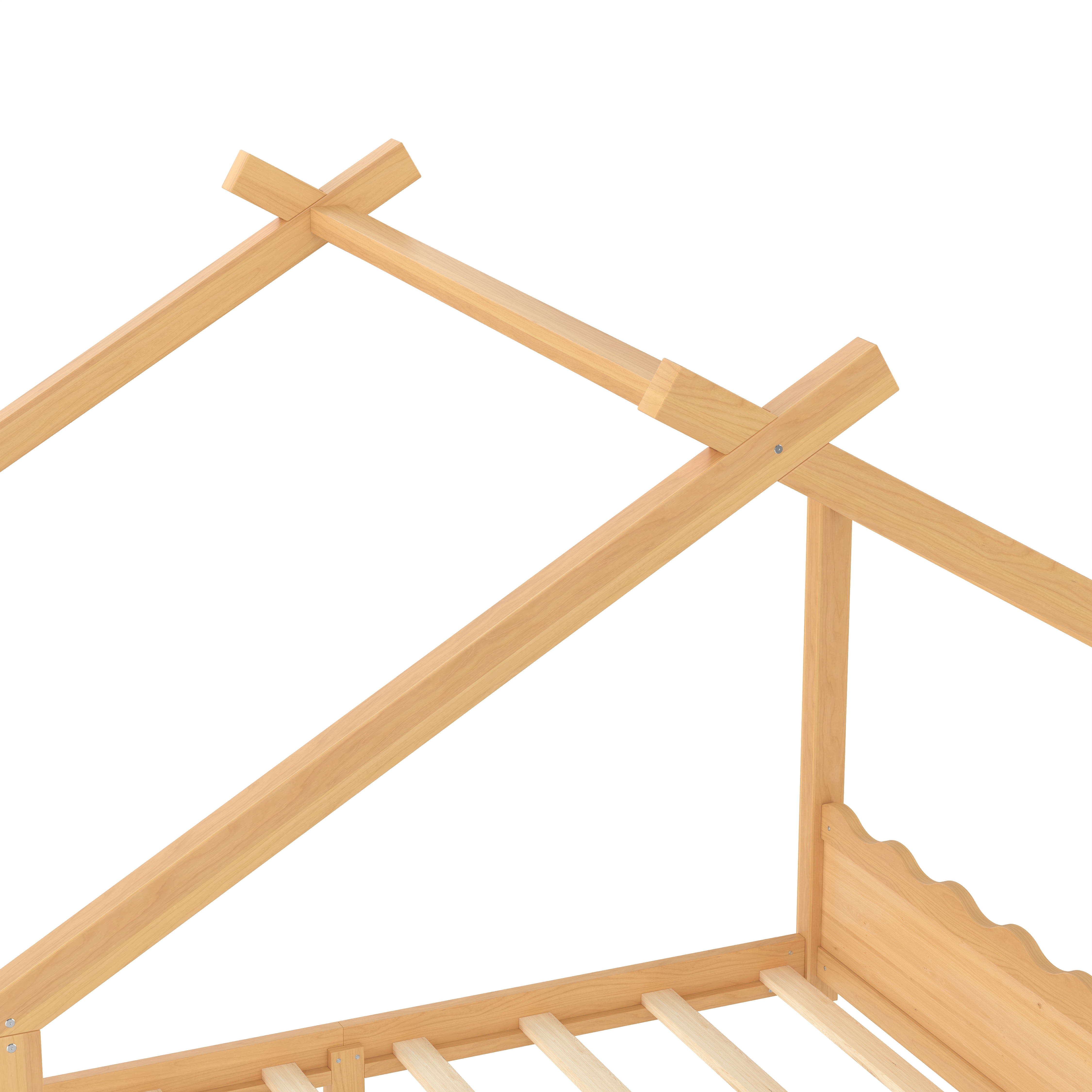 Yoneston Queen House Floor Bed with Roof, Solid Wood Platform Bed Frame with Opening Constructure for Kids, No Box Spring Needed, Natural