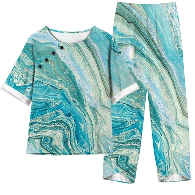 Mikilon Ensemble Élégant pour Femmes 2 Pcs Imprimé Manches 5/10 Col Rond + Pantalon Décontracté Ensemble Chic et Confortable Manches Courtes Col Rond Bleu Clair 2TG