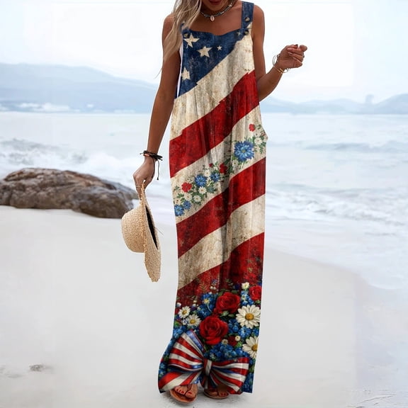 Iaqnaocc 4th Of July Womens Jumpsuit Plus Size American Flag Floral Print Sleeveless Wide Leg Summer Adjustable Strap Patriotic Festival Jumpsuits Overalls Wine S
