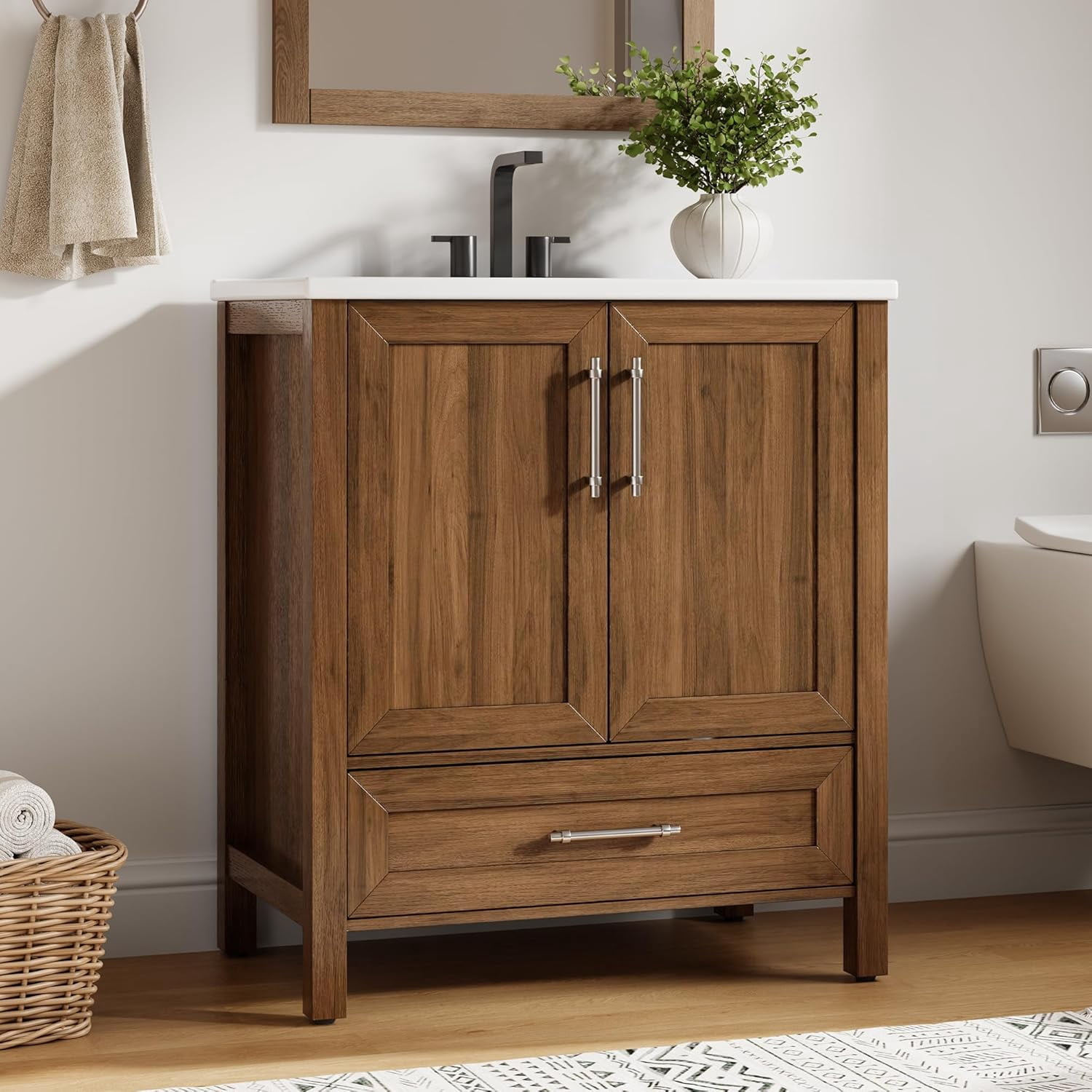 30" Bathroom Vanity with Sink, Freestanding Wooden Bathroom Vanity Cabinet with Soft-Closing Door and Metal Handle, Modern Floor Standing Storage for Small Spaces，Walnut